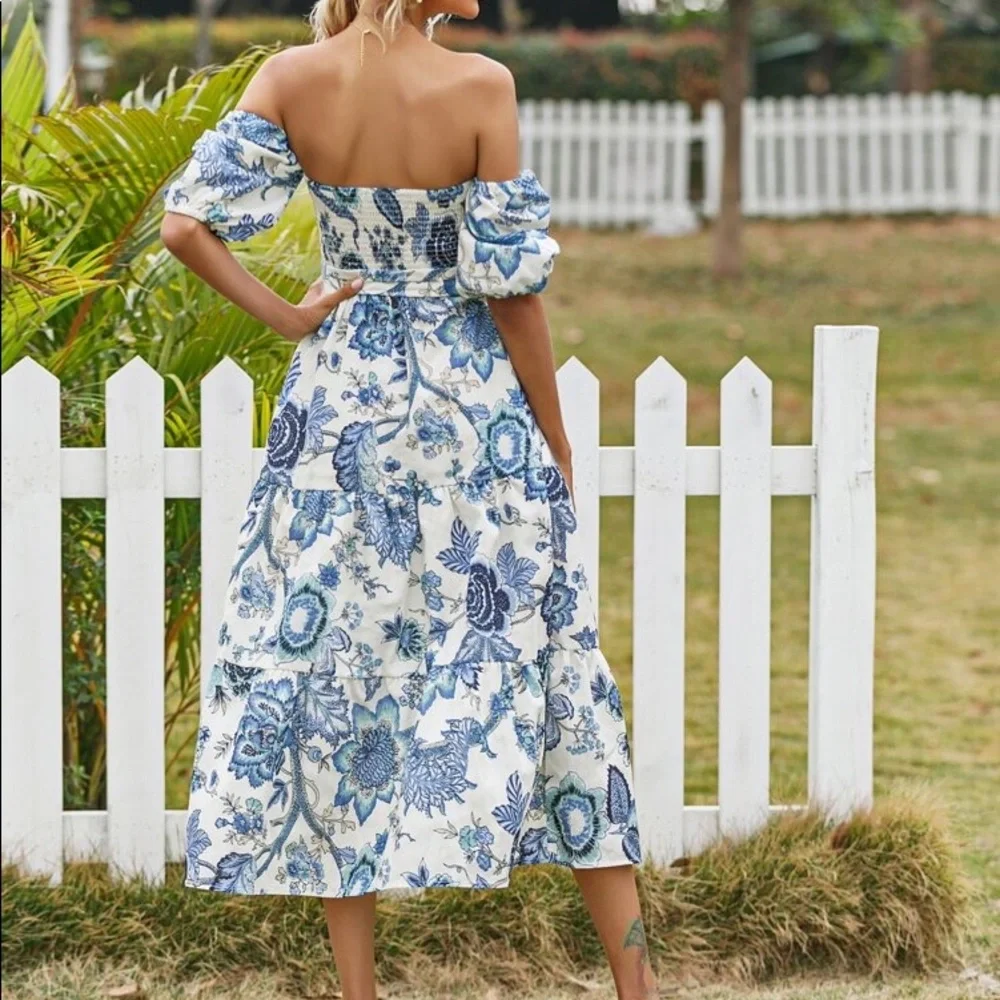Boho Gypsy Floral Bardot Belted Ruffle Hem Dress - Picture 5 of 7